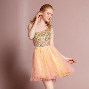 NEW SHORT ONE SHOULDER SLEEVELES BABY DOLL EMBROIDERED SEQUINS DRESS GL GS2033
